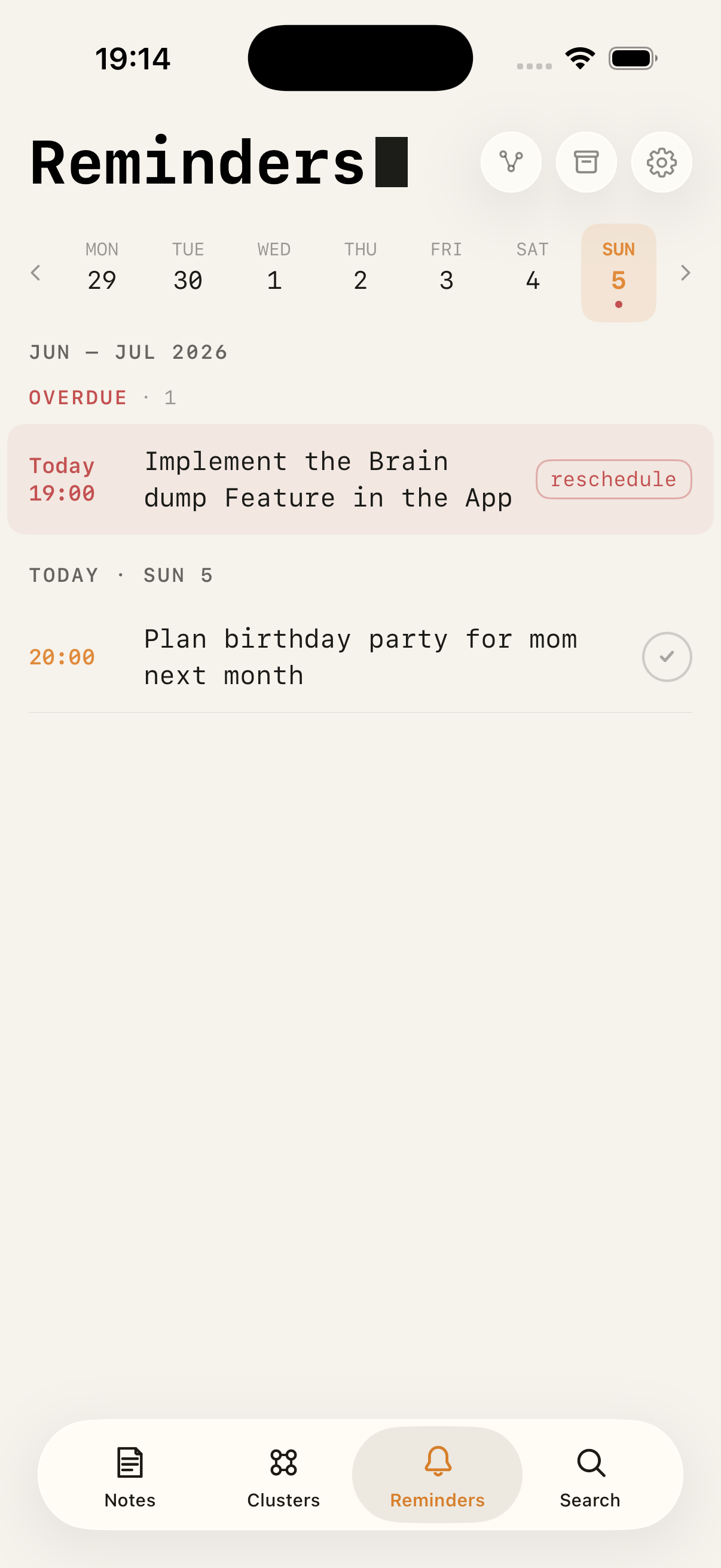 Reminders week view with overdue reschedule